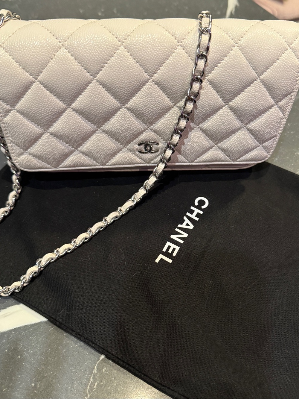 CHANEL Quilted Chain Crossbody Bag in Light Pink